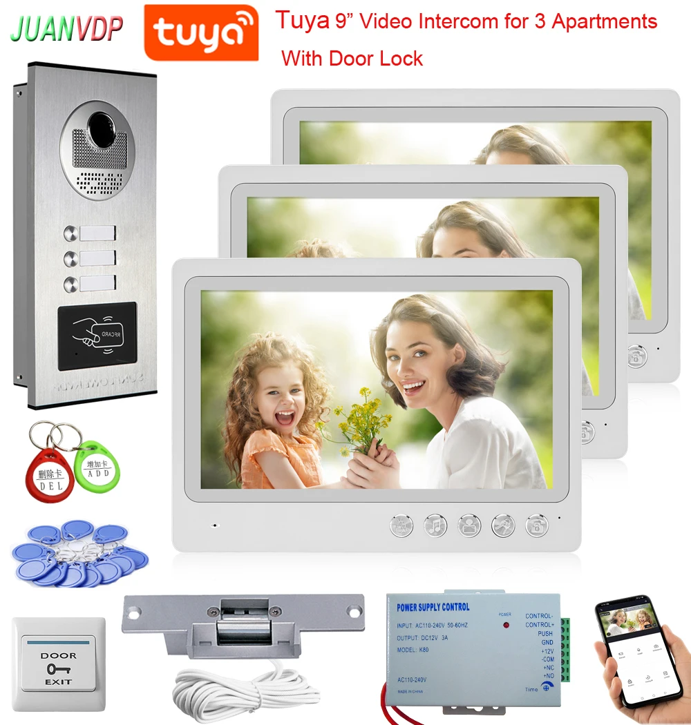 

TUYA WIFI Video Intercom System Video Entry Door phone Doorbell 9 inch LCD Monitor + IR RFID Camera Kits for Home Housers Villa