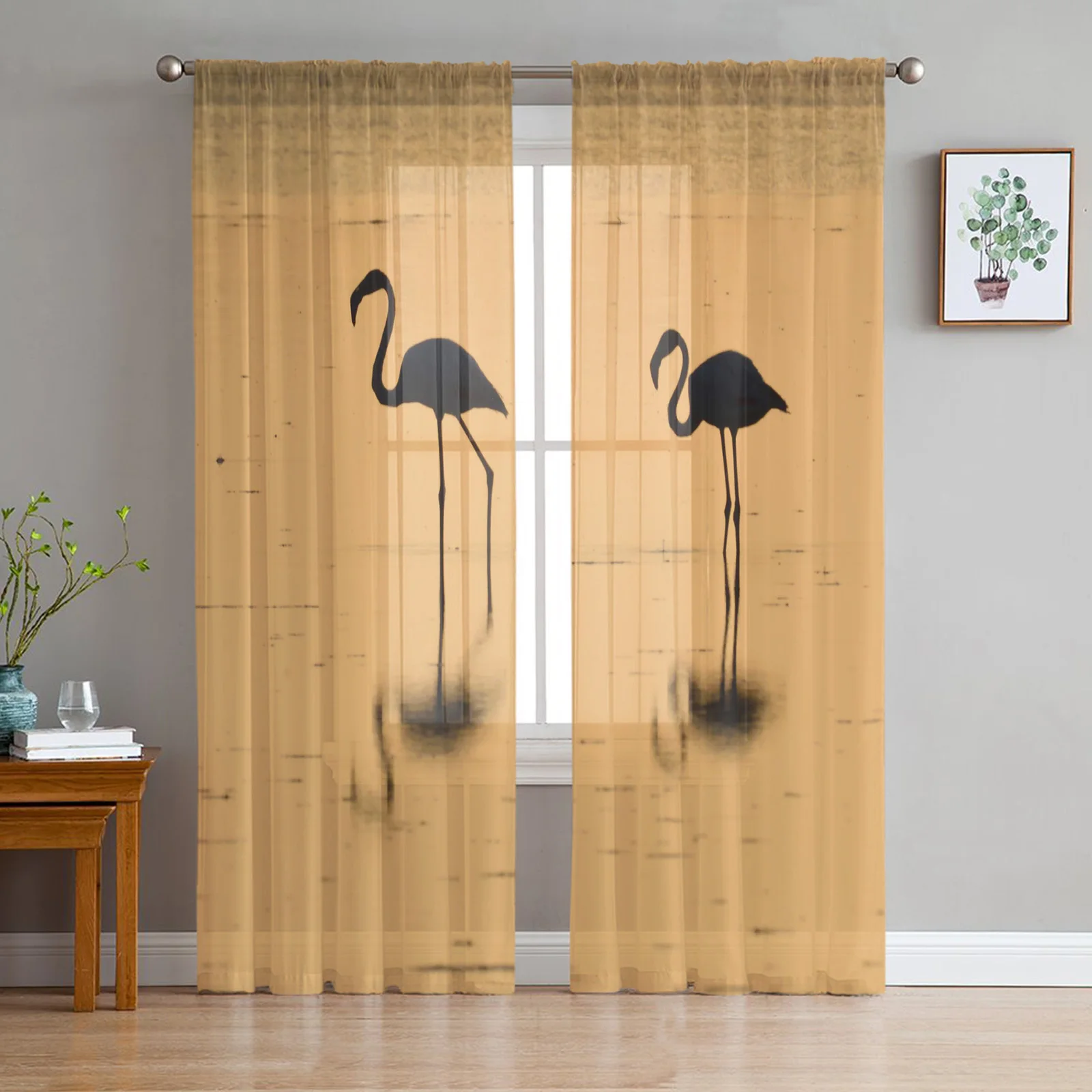 

Flamingo Sunset Dusk Silhouette Tulle Curtains for Living Room Bedroom Sheer Voile Drapes Modern Printed Design Sheer Curtains