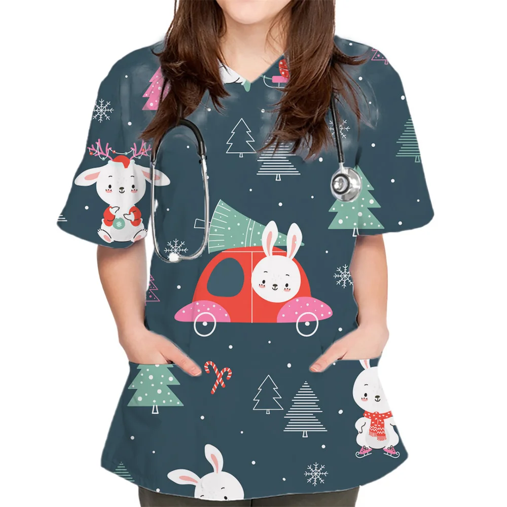 Uniforme clínico con estampado navideño para mujer, ropa de enfermera, cuello en V, manga corta, bolsillos, uniforme de enfermeras