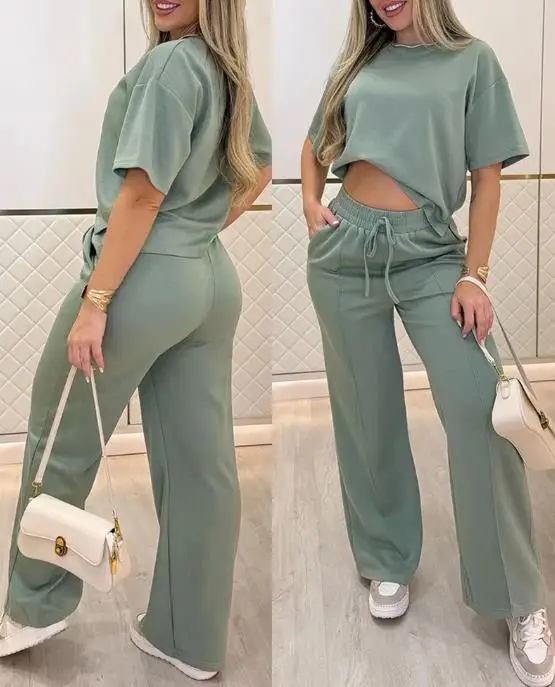 

2025 New 2-piece O-neck Short Sleeve Side Split Top and Casual Drawstring Elastic Waist Seam Front Wide Leg Pants Set