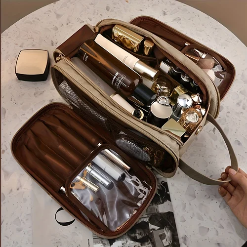 Bolsa de cosméticos de gran capacidad, organizador de artículos de tocador de maquillaje, bolsa de aseo de viaje portátil de cuero PU, bolsas de almacenamiento de maquillaje para mujer