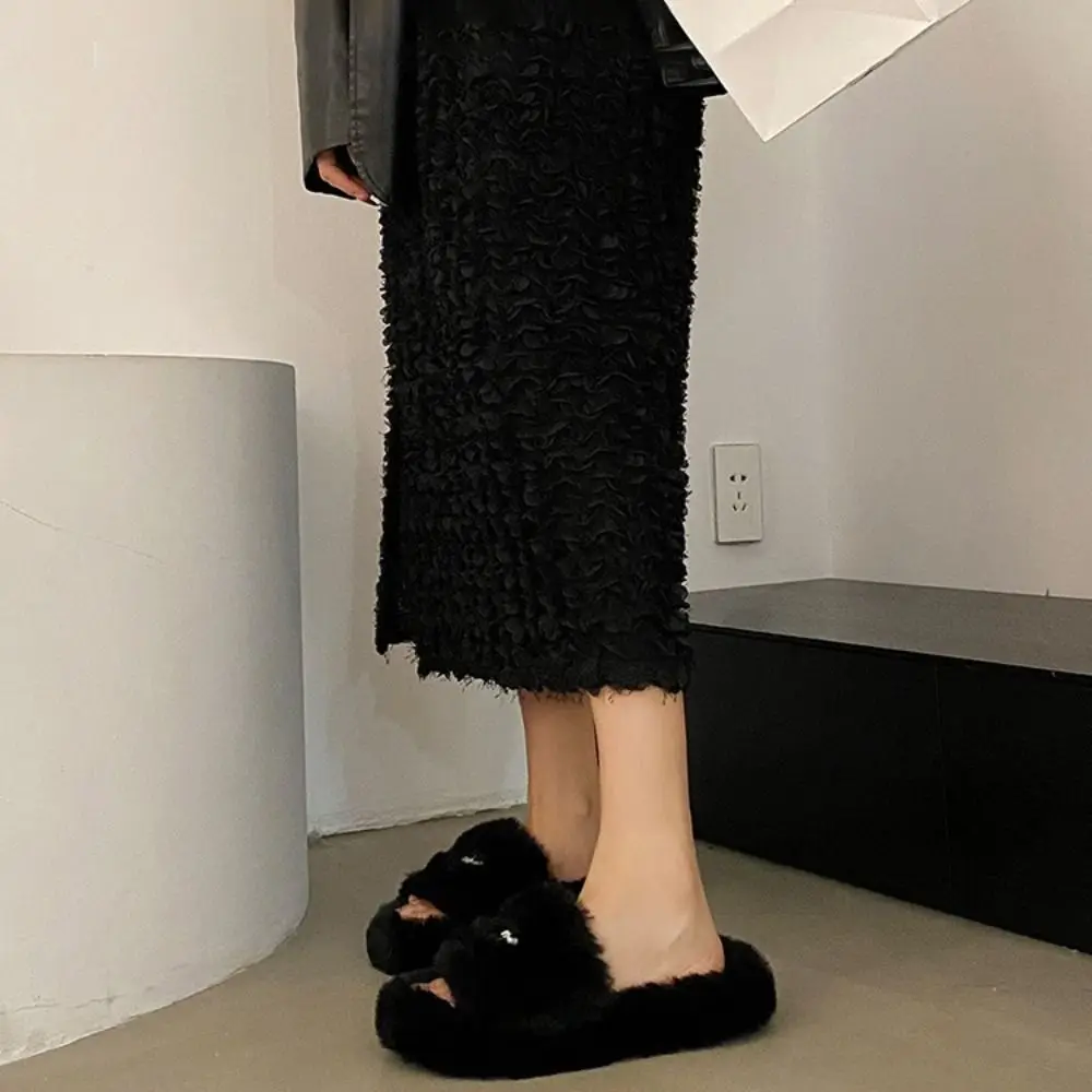 Damen-Pantoffeln mit Kreuzmuster, offener Zehenbereich, weiche, flauschige Textur, Plattform, warme Baumwoll-Pantoffeln, verschleißfeste, rutschfeste Sohlen – Detail 11