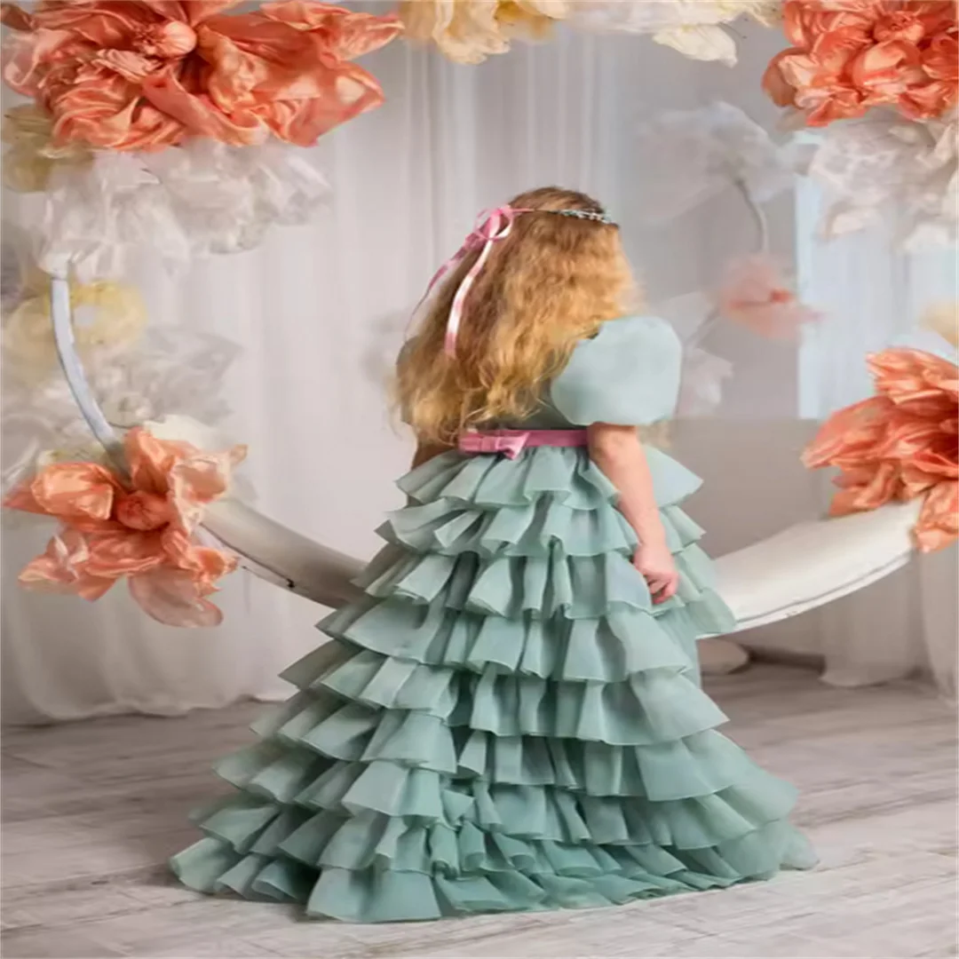 New Customized Layered Ruffle Flower Girl Dress Round Neck Puff Sleeve Pleated Floor-Length Formal Wedding Dress