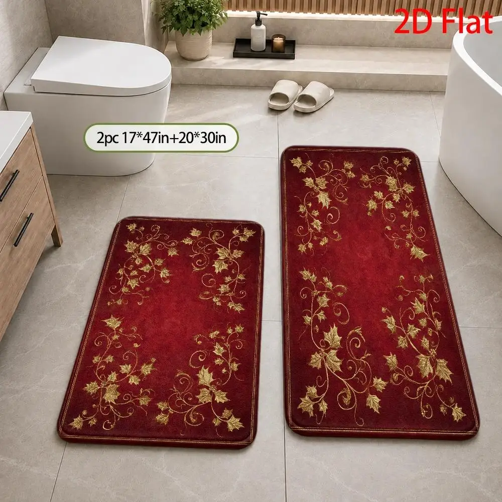 Decorative Red Area Rug with Gold Leaf Pattern Entrance Welcome Mat for Home Decor Hallway Bathroom Living Room Carpet Rug