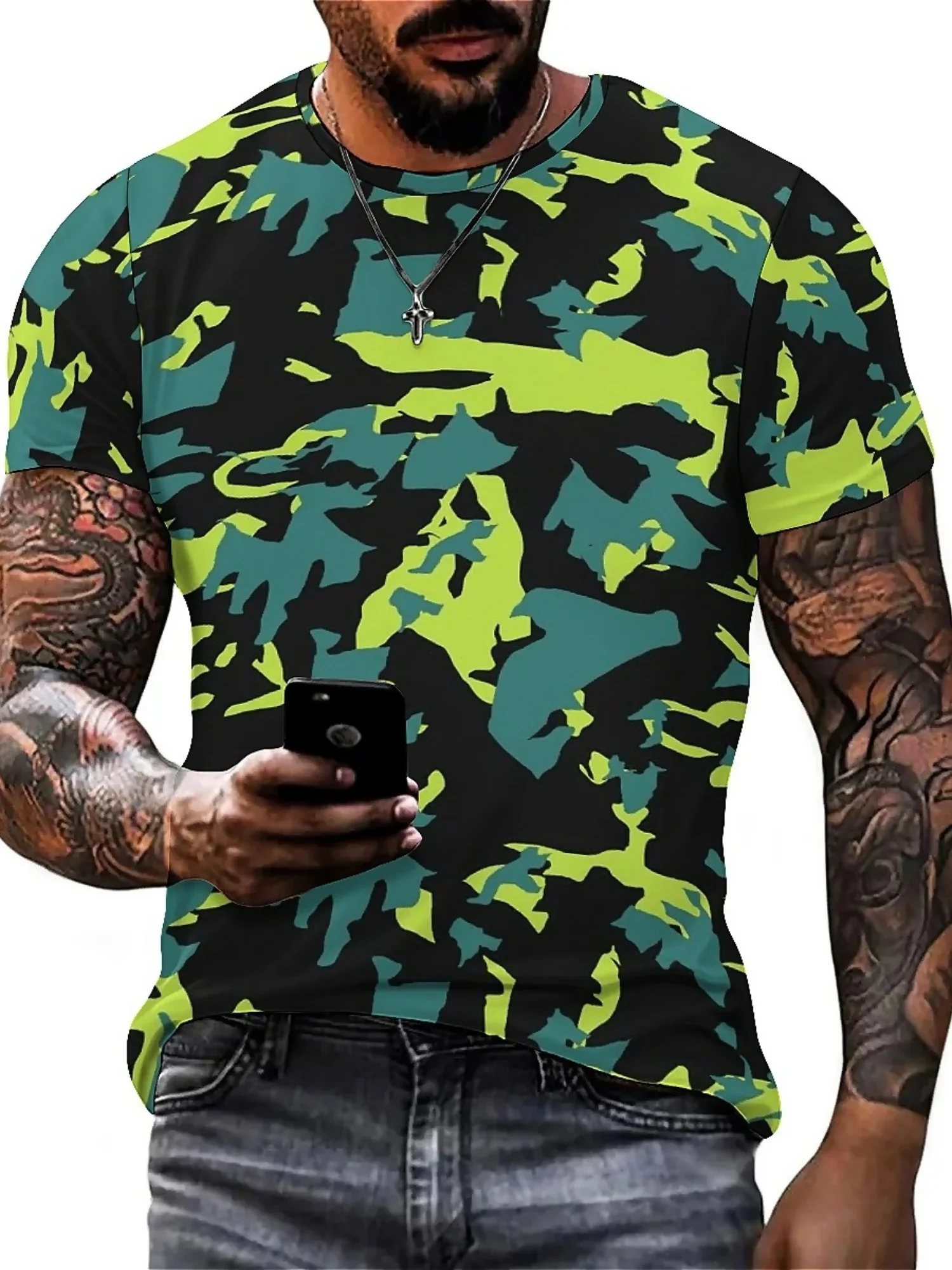 القوطية نمط ثلاثية الأبعاد مطبوعة التمويه تي شيرت هندسية كامو طباعة المتضخم ملابس للرجال القوطية موضة الصيد المحملة الصيد القمم #2