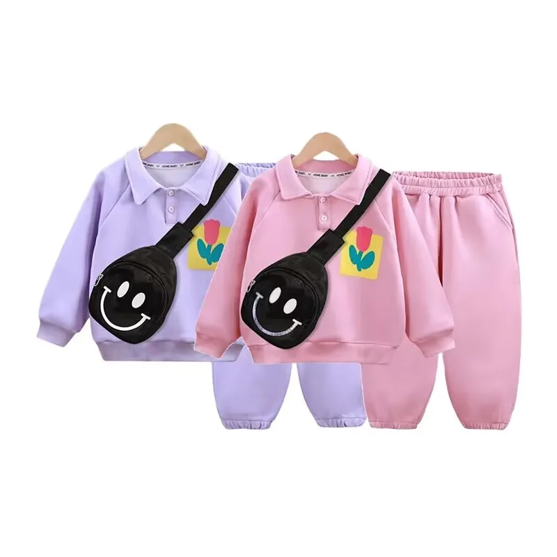 3PCS Autumn Children Casual Sports Set Kids Girls Long Sleeve Polo T-Shirt+Elastic Pants+Bag Toddler Tracksuit Clothes 2 To 8Yrs