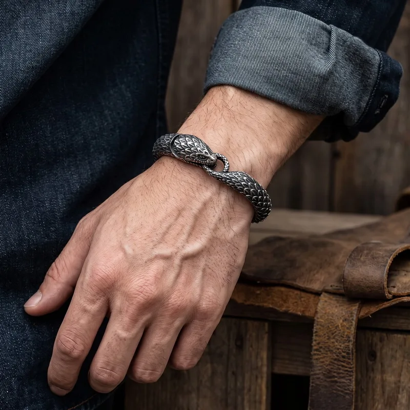Vintage Stainless Steel Snake Link Bracelet, Gothic Punk Biker Snake Charm Bracelet for Men,Hip Hop Streetwear Accessory Gift
