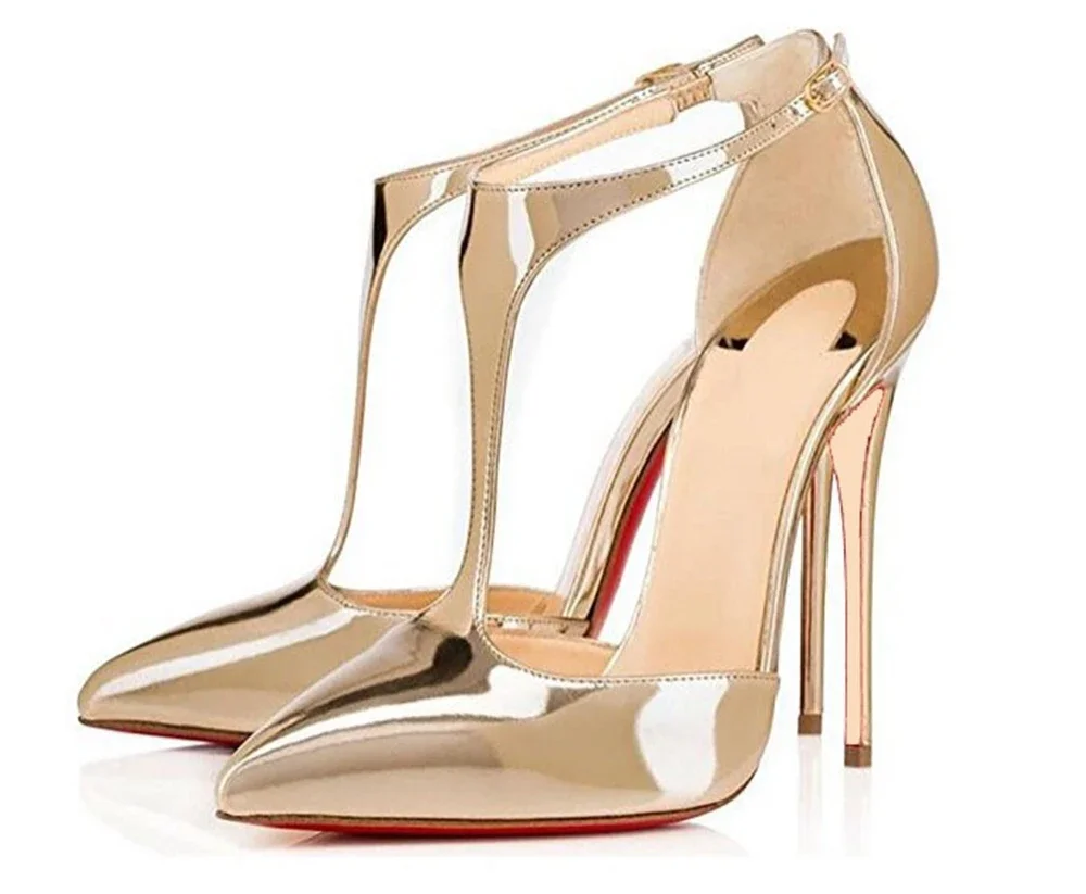 

Золотые блестящие женские босоножки из лакированной кожи с острым носком на шпильке с Т-образной завязкой, модные пикантные летние туфли на высоком каблуке с закрытым каблуком