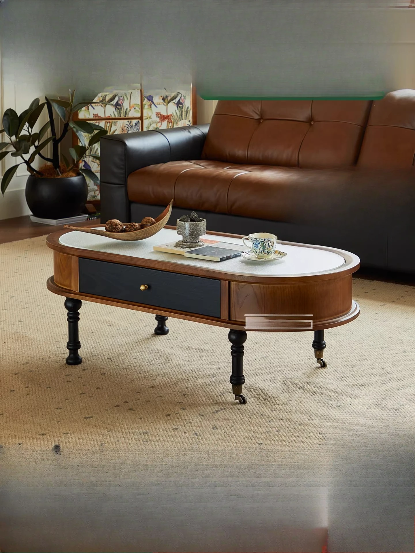 

Solid wood coffee table living room oval with drawers storage low table antique pulley movable side table