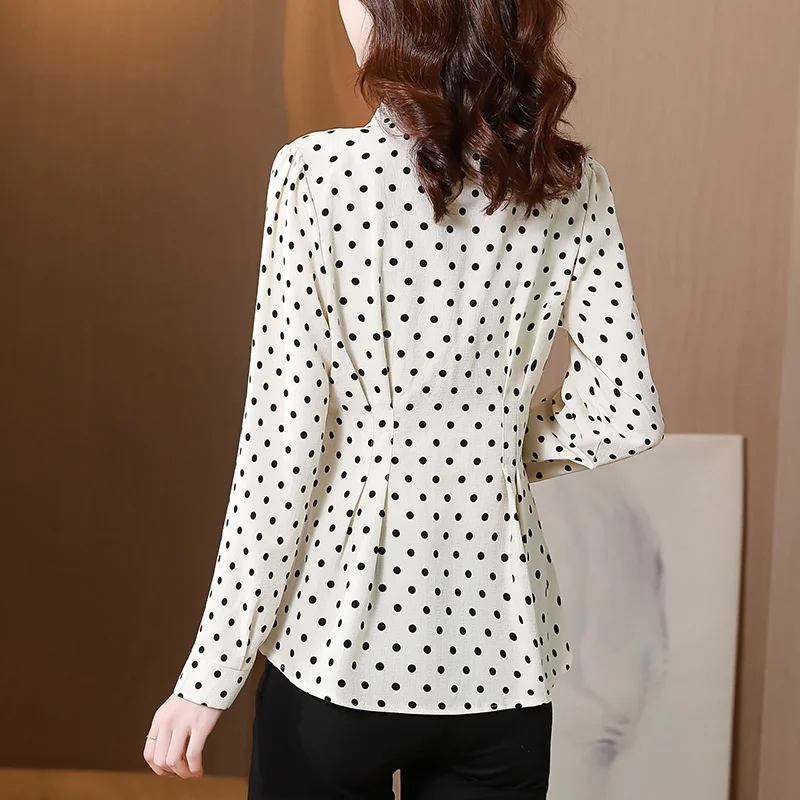 #2567 Polka Dot Women Tops Office Lady OL Shirt Button Slim Folds Shirt Notched Neck Puff Sleeve Black White Spring Autumn 2023