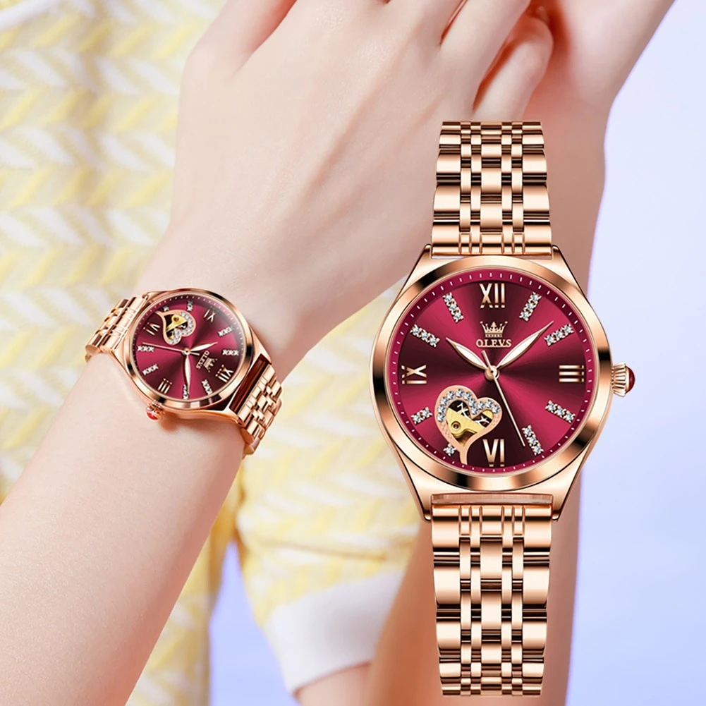 OLEVS 6636, модные механические часы, подарочные наручные часы с круглым циферблатом из натуральной кожи и ремешком для часов