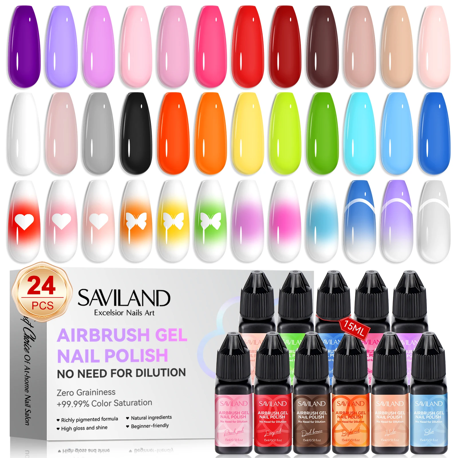 SAVILAND 24 Colors Airbrush Gel Nail Polish for Gradients Nails Blush Nails Layered Nail Art Various Pattern Nail Art Salon DIY