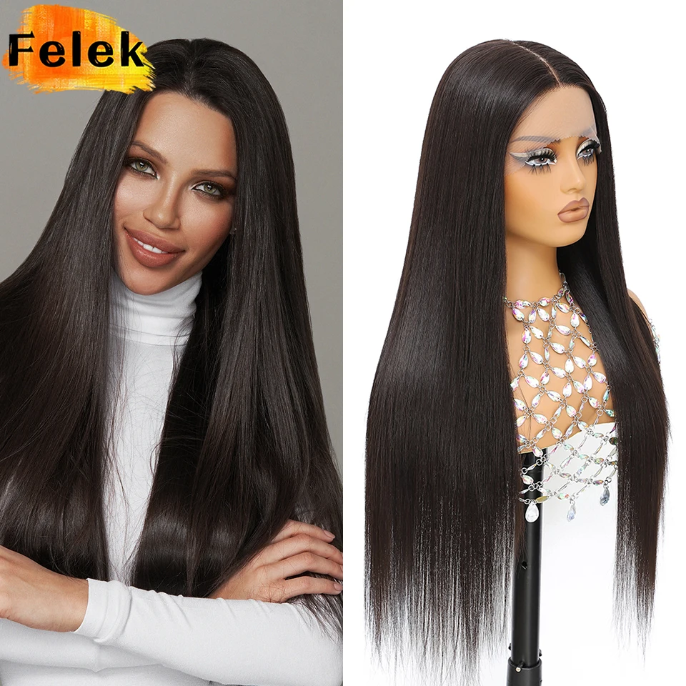 

30 Inch Silky Straight T Part Lace Wig Black Synthetic Heat Resistant Fiber Glueless Pre-Plucked Natural Hairline Lace Front Wig