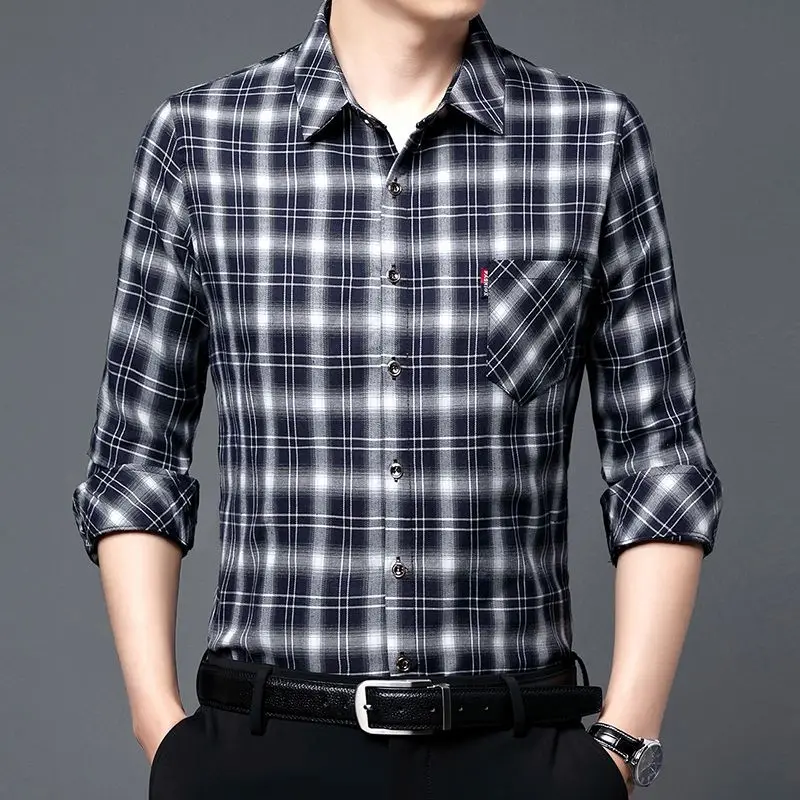 

Checkered Shirts for Men Summer Long Sleeved Leisure Slim Fit Plaid Shirt Square Collar Soft Causal Tops with Front Pocket H61