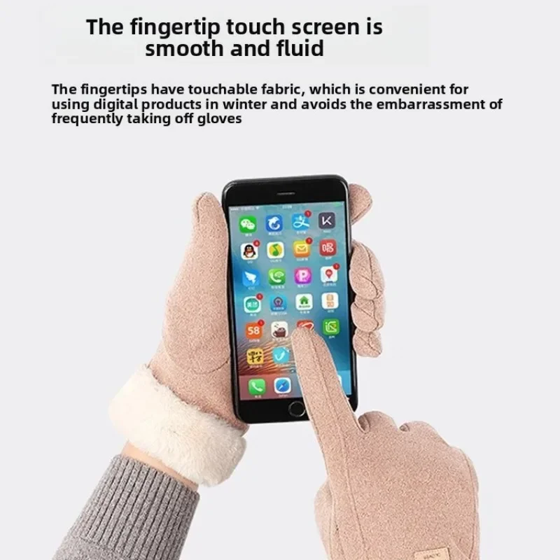 Women Winter Fleece Thickened Warm Cute Touch Screen Electric Vehicle Cold Proof Riding Gloves for Cycling Outdoor Sports