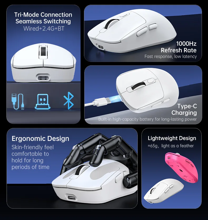KEBIDUMEI Kabelgebundene/2,4 GHz/BT kabellose Gaming-Maus, 8000 DPI, 6 Stummschalttasten, wiederaufladbare Maus, leichtes Design, Mäuse für Bürospiele – Detail 3