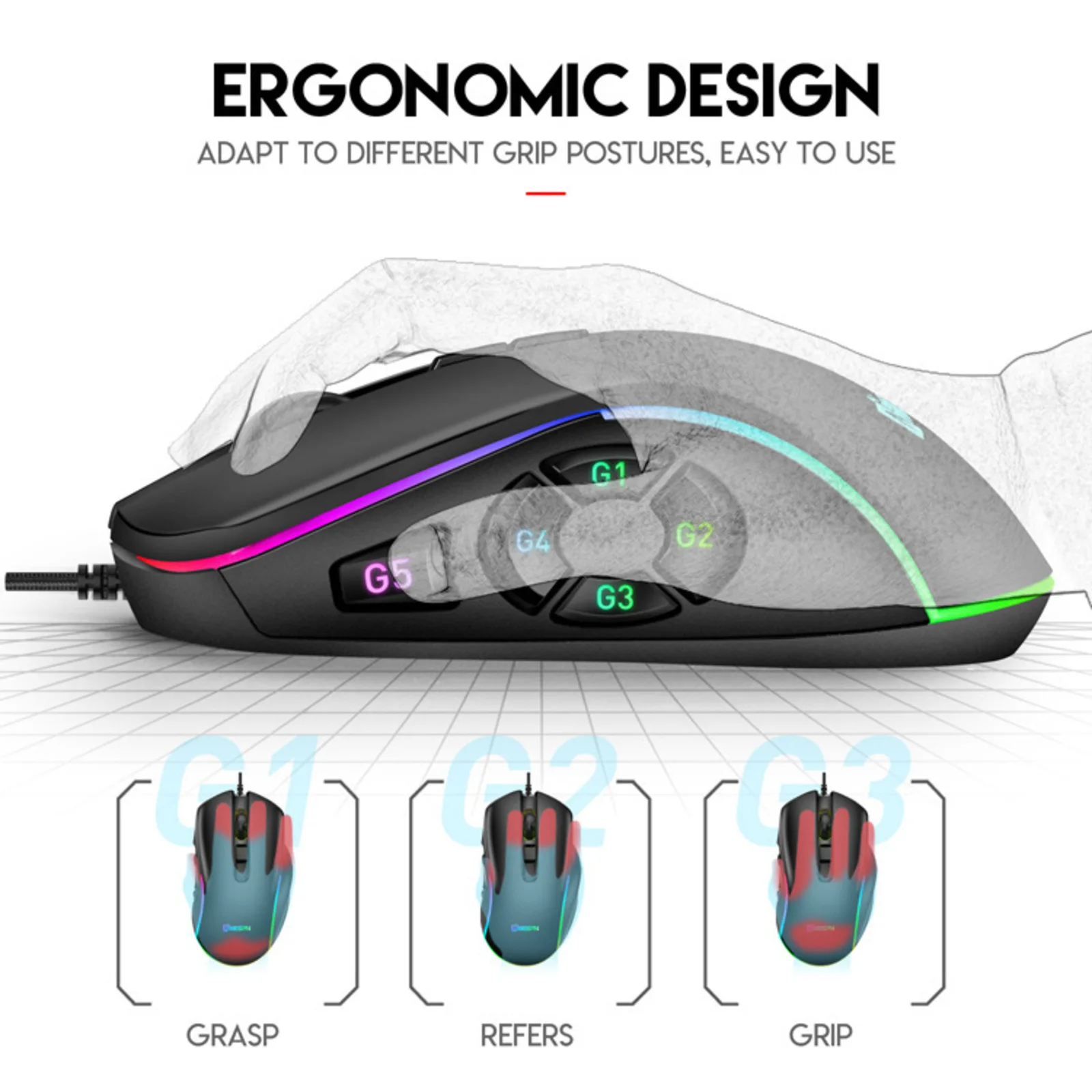 10 Programmable Buttons Wired Mouse 6 Levels 800-7200 Adjustable DPI 14 RGB Light Effects Ergonomic Macro Mice For PC Laptop