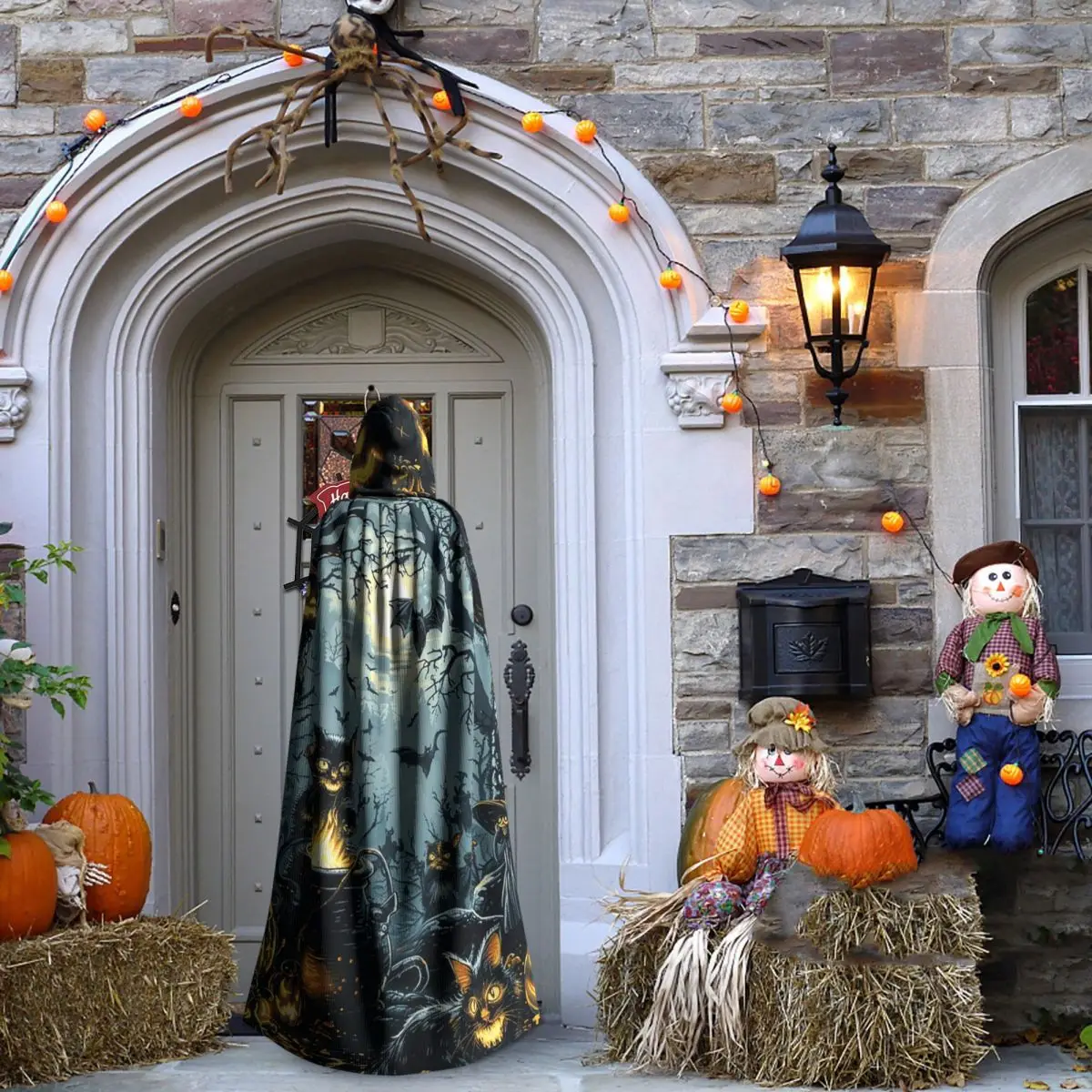 Vintage Jesienny Halloween Alchemik Eliksyry Czarne Koty Okultystyczny Długi Płaszcz z Kapturem Wiedźma Średniowieczny Kostium Cosplay Peleryna Halloween Wampir