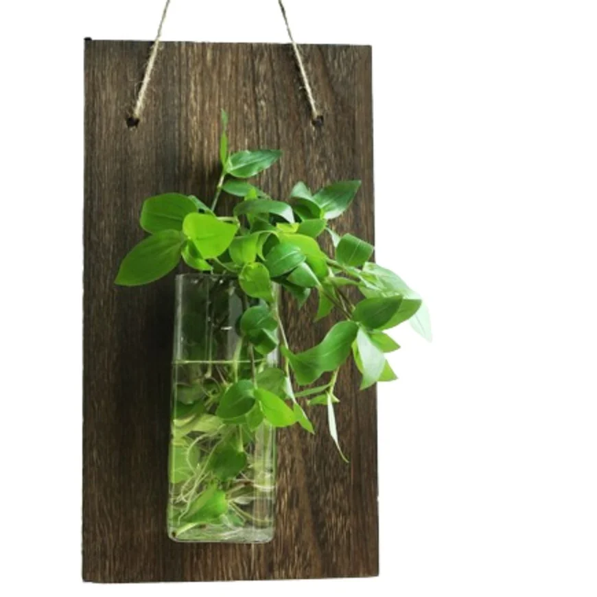 

Wall Hanging Wall Mount Glass Vase Vintage Creative Hydroponic Container Small Fish Tank Solid Wood Plant Flower Pots Room