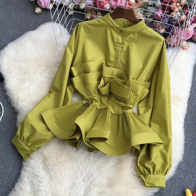 Pleated Blouse Women Black White Tops Long Lantern Sleeve Elegant Y2k Top Bow Ruffles Slim Shirts Casual Blouses Spring Summer 2