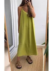 Summer Loose Spaghetti Strap Dresses Women Solid Color V-neck Casual Commuting Sleeveless Long Dress Female Fashion New Vestidos