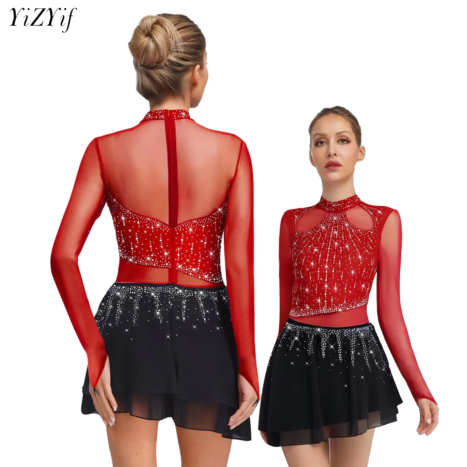 

Women Figure Skating Dress Lyrical Dance Performance Costume Ballet Gymnastics Leotard Long Sleeve Chiffon Skirt Bodysuit Dress