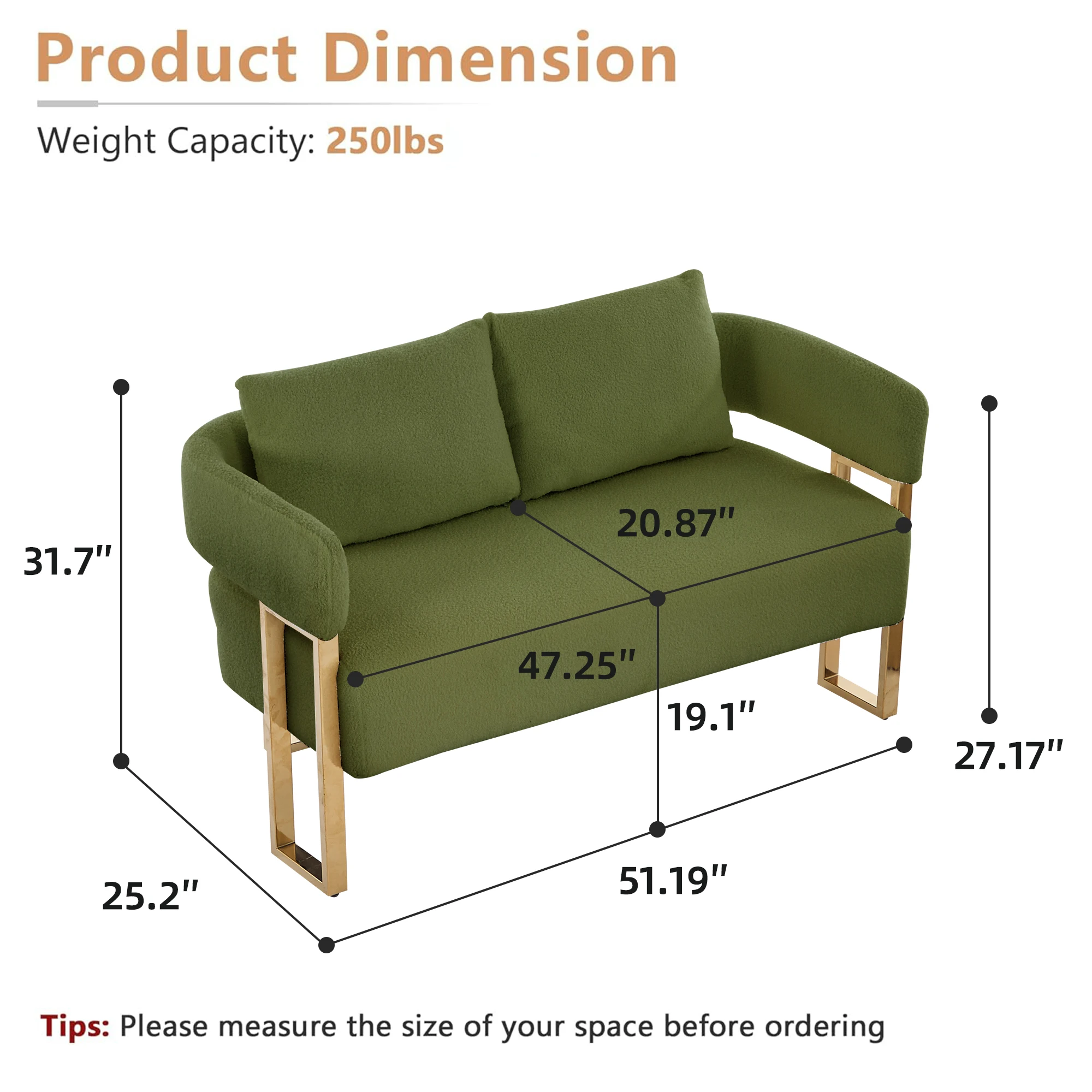 51.18-inch Modern Teddy Plush Double Sofa With Golden Metal Legs Suitable For Use in Reception Rooms Offices and Living Rooms