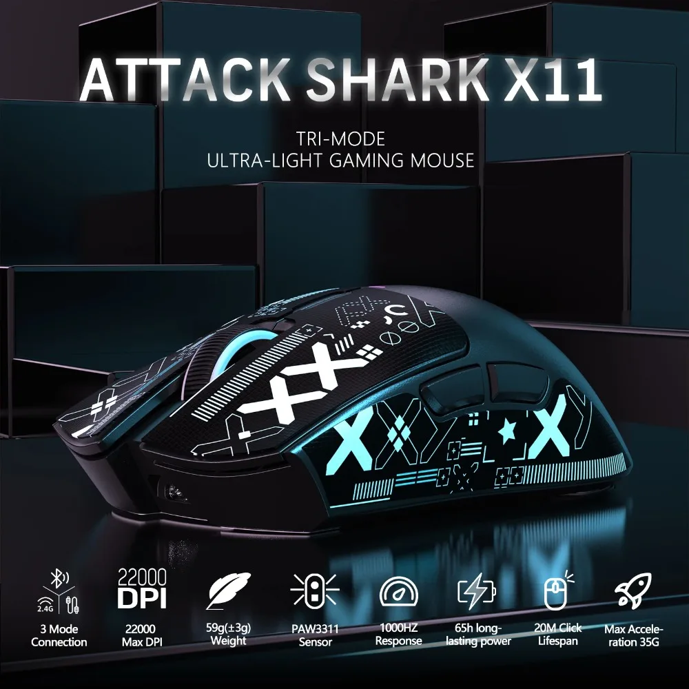 ATTACK SHARK X11 Wireless Gaming Mouse with RGB Charging Dock PixArt PAW3311 Sensor Tri Mode Lightweight Mice, BT/2.4G Wireless