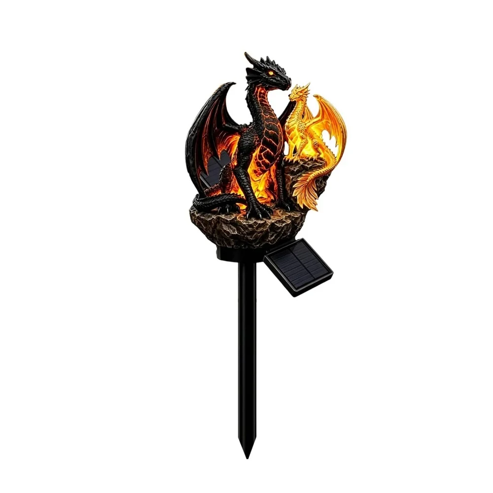 1PC Golden Ember Dragon Solar Garden Light Stake: Gothic Medieval Statue Lamp with Warm Glow for Halloween Outdoor Patio Yard.