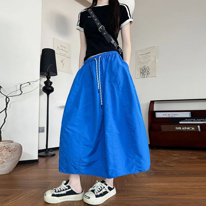 Harajuku Loose Parachute Skirts Women Vintage Streetwear Drawstring Long Skirt Female Summer Elastic Waist Solid Maxi Skirts