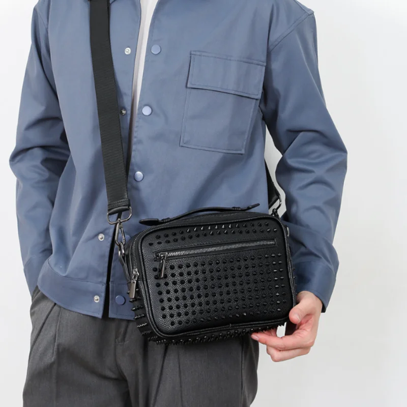 

Men's Studded Small Square Bag Luxury Black Punk Shoulder Bag Zippered Wide Shoulder Strap Crossbody Bag Casual Commuter Handbag