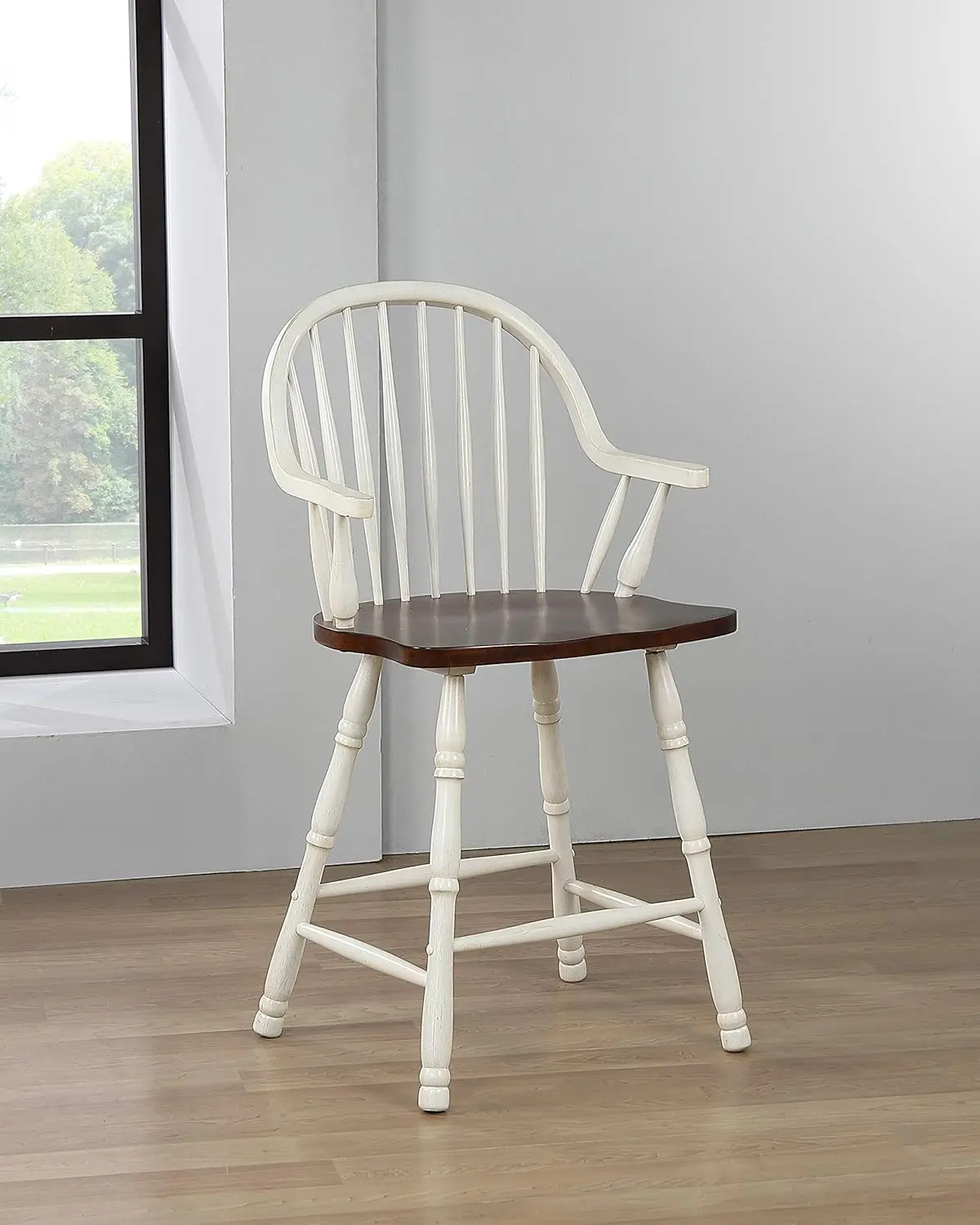 Andrews Windsor Barstool com braços, Counter Altura Stool, Branco Antigo e Castanha Brown, Conjunto de 2, 24"