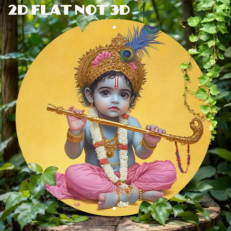 

2D Flat Round Aluminum Metal Sign Wall Art - Oil Painting Style Cute Baby Krishna Playing Flute, Krishna Home Decor