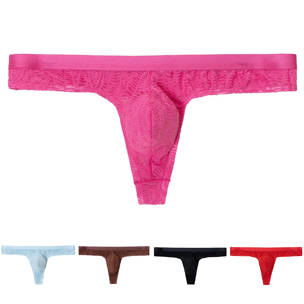 Men's Sexy Lace Thong See Through Exotic Lingerie Breathable Sissy Crossdress T Back Panties Floral Mesh Underwear Hombre Bikini