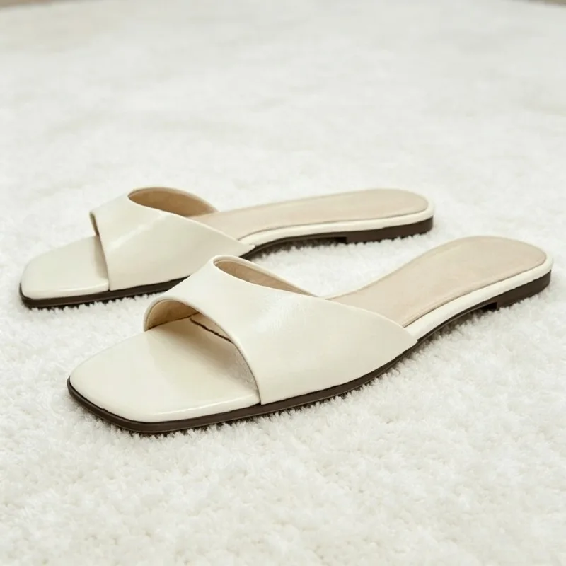 

White Soft Leather Front Strap Flat Sandals Women Fashion Square-toed Open-toe Designer Shoes Concise Comfortable Casual Shoes
