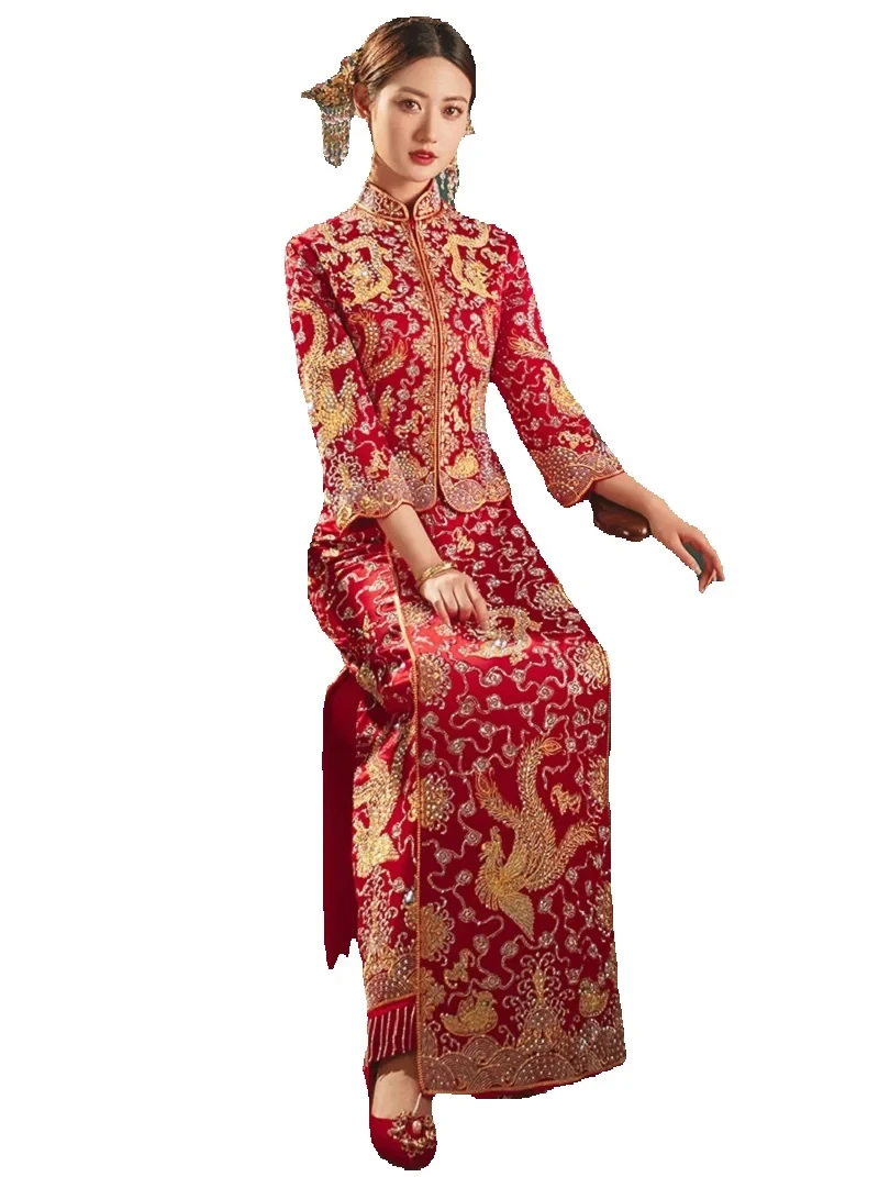 

GuangDong Embroidery Bride Dragon Phoenix Gown Summer XiuHe Suit Jacket + Skirt Bridal Wedding Toast Robe For Overseas Chinese