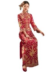 GuangDong Embroidery Bride Dragon Phoenix Gown Summer XiuHe Suit Jacket + Skirt Bridal Wedding Toast Robe For Overseas Chinese
