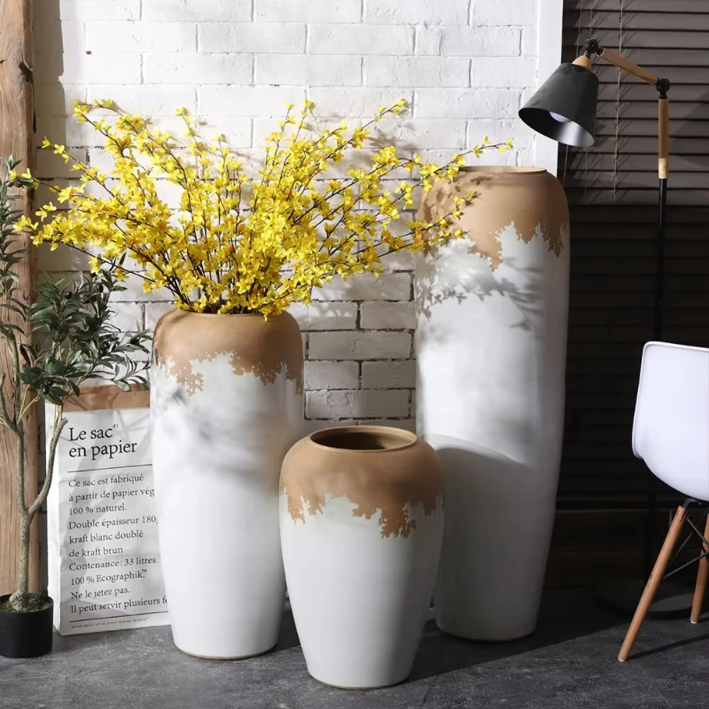 Antique clay style matte tall rustic ceramic pottery tall retro retro decoration large floor vase