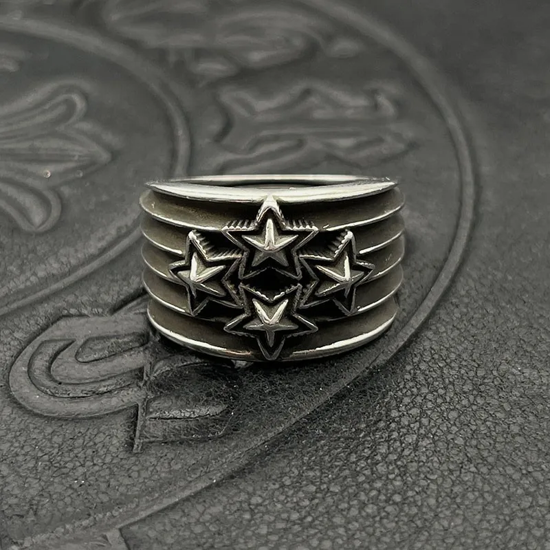 

S925 Sterling Silver Tide Wide Retro Striped Star Ring Pentagram Ring Men's Medieval Niche