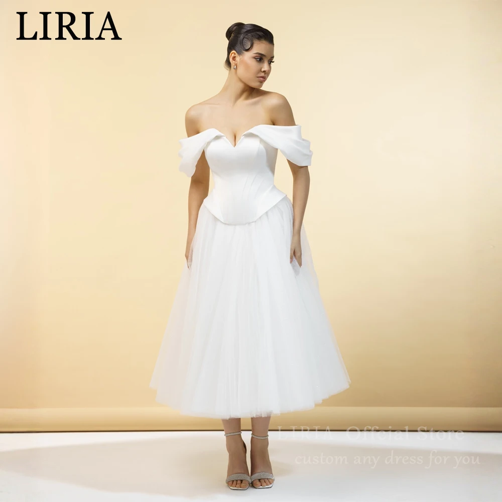 Vestido de novia blanco LIRIA con hombros descubiertos, escote corazón, vestidos de novia con varillas, largo hasta el tobillo, de tul, personalizado