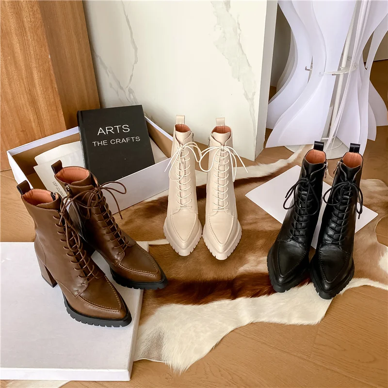 Meotina Women Genuine Leather Ankle Boots Pointed Toe Thick High Heel Zipper Lace-up Lady Short Boot Autumn Winter Shoes Beige