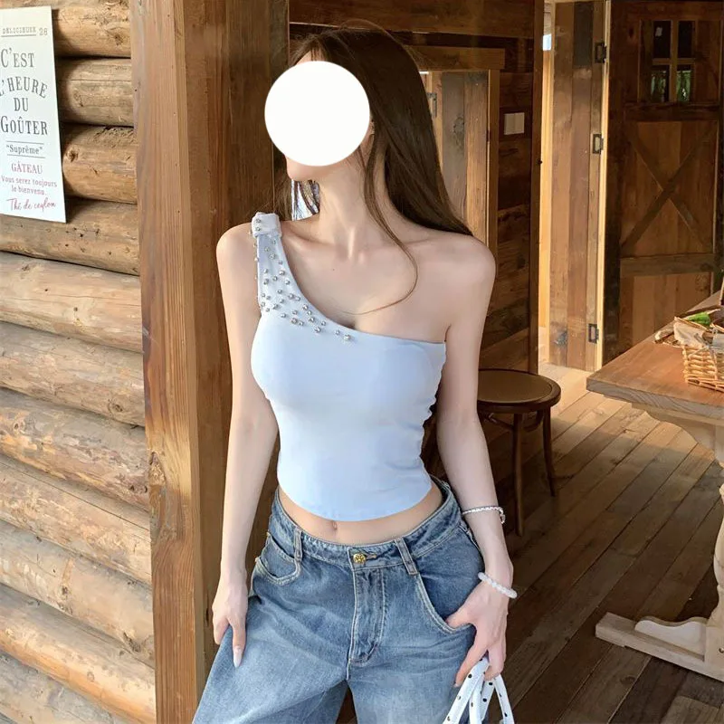 Off-the-shoulder Rhinestone Halter Women Vest Hot Girl Sexy One-shoulder Strapless Top