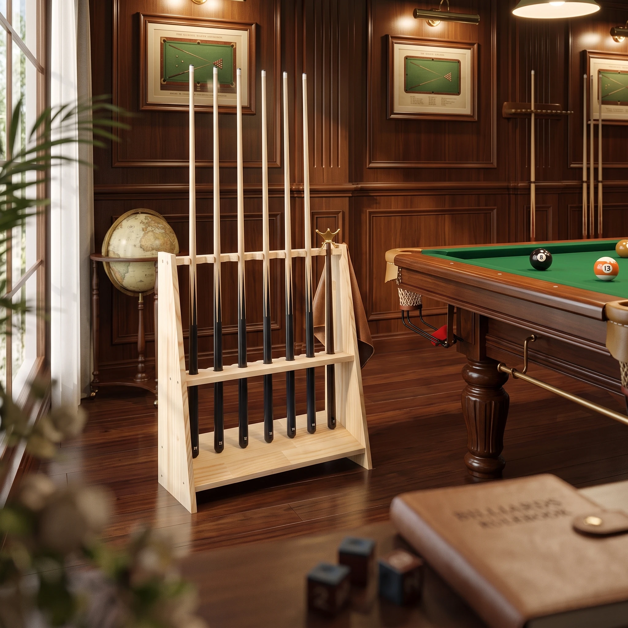 Trapezoid Cue Rack Wooden Pool Cue Holder with 10 Slots Freestanding Pool Stick Holder Space-Saving Furniture Long-Lasting