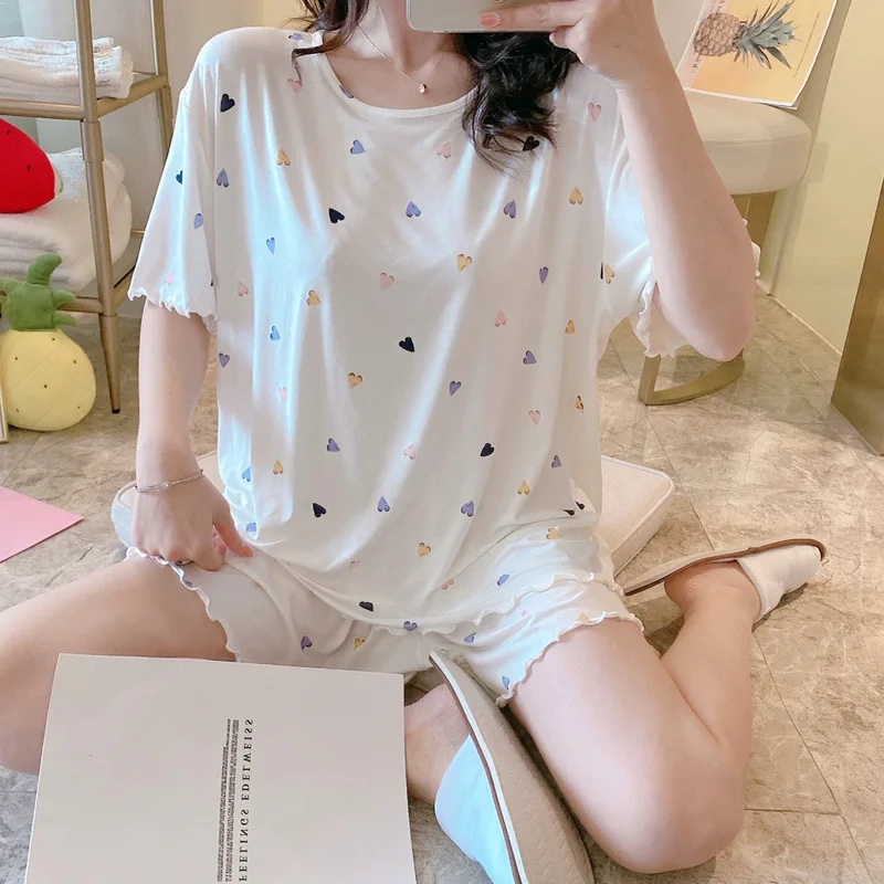 

Милые пижамы, шорты с коротким рукавом, круглый вырез, с мультяшным принтом, для студентов, большие размеры, игривая и свежая домашняя одежда, комплект из двух предметов