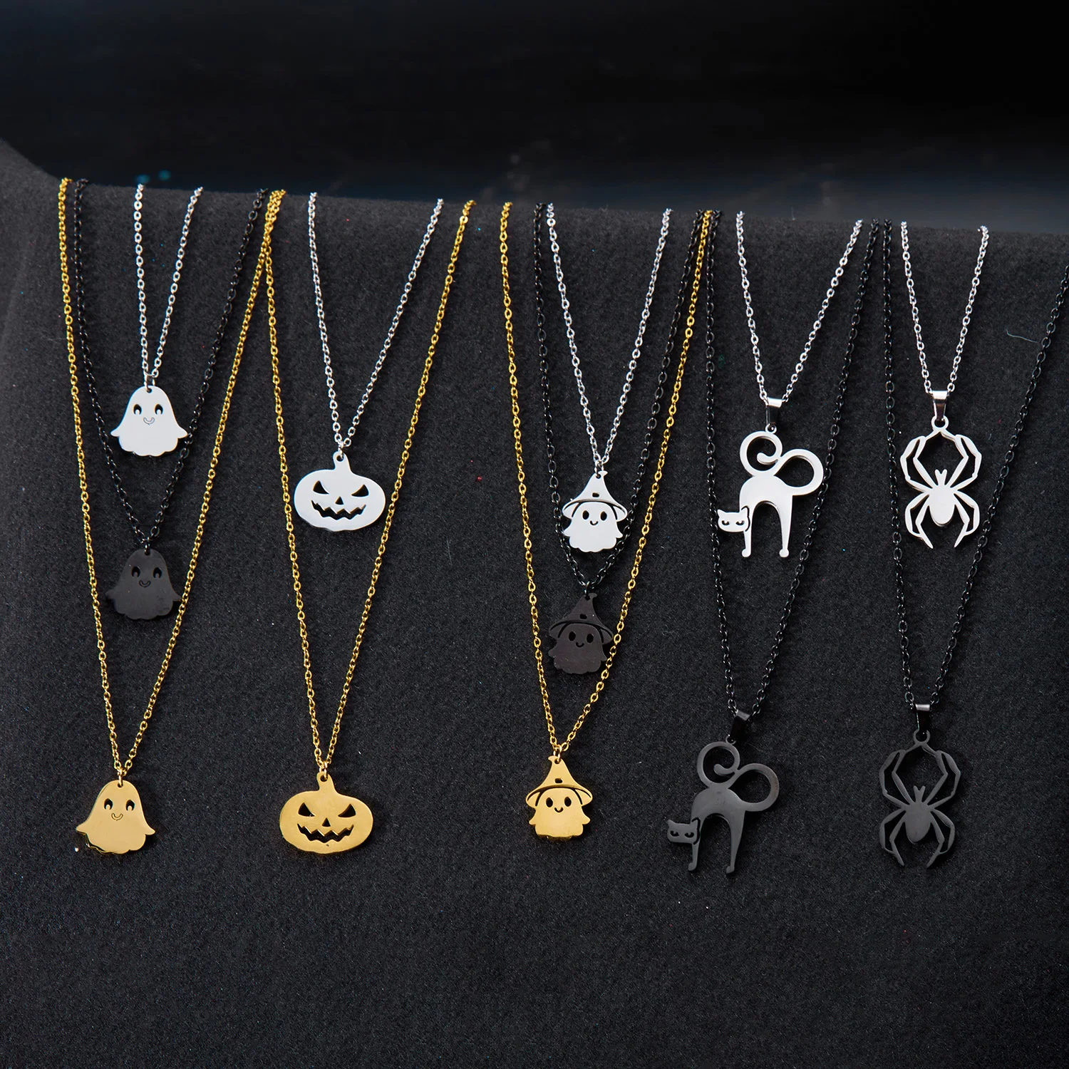 Mode Edelstahl Halloween Anhänger Halskette für Frauen Männer schwarze Katze Geist Spinne Kürbis Halskette Freundschaft Schmuck Geschenk – Detail 1