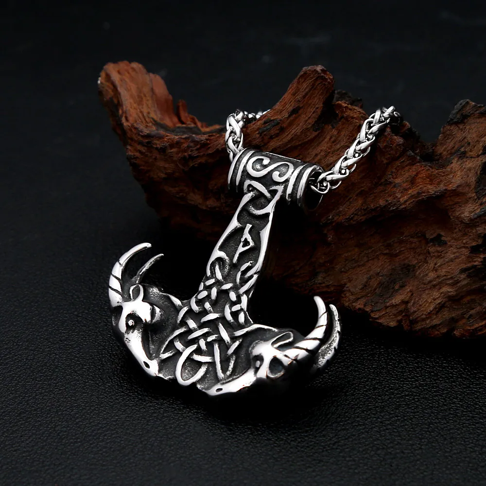 Classic Viking Skull Mjolnir Thor Hammer Stainless Steel Pendant Necklace For Men Women God Strength Amulet Fashion Jewelry