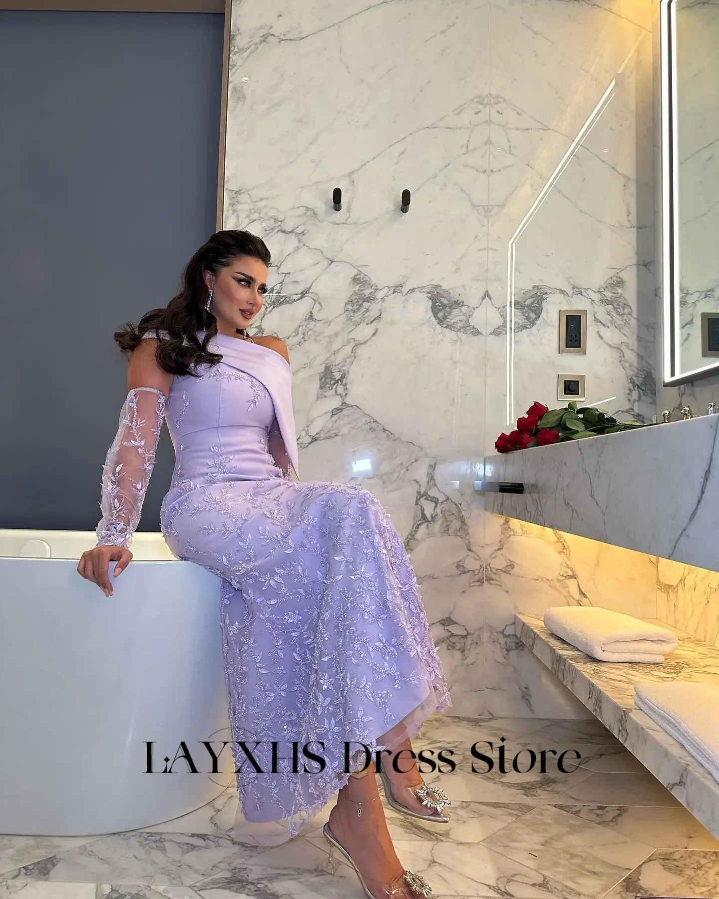 Personalizado beading floral sereia vestidos de noite lilás cetim tornozelo comprimento árabe saudita formal vestido de festa espartilho vestido de baile 2025