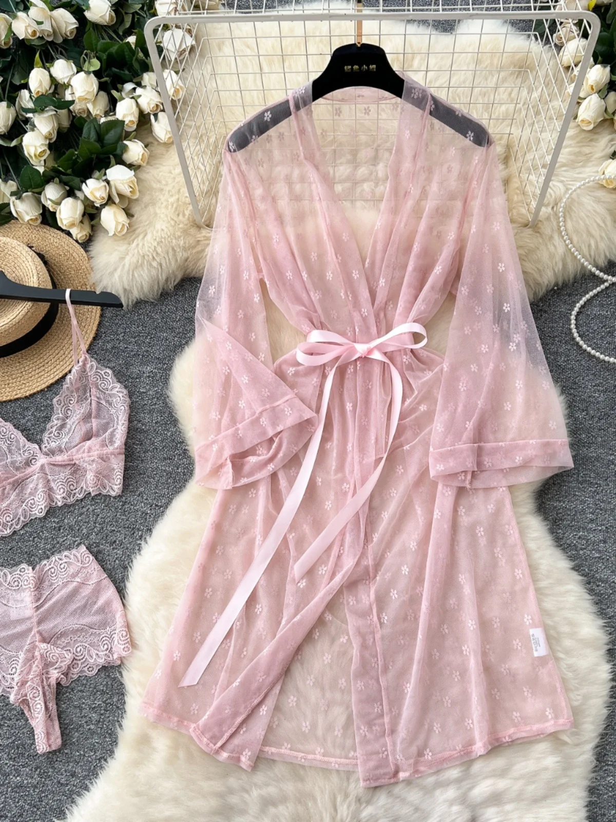 Sexy Pure Desire Spicy Girl Set Women's Lace Strap Brtte orties Tie-Up Me Cardigan Outerwear Faion Ensemble
