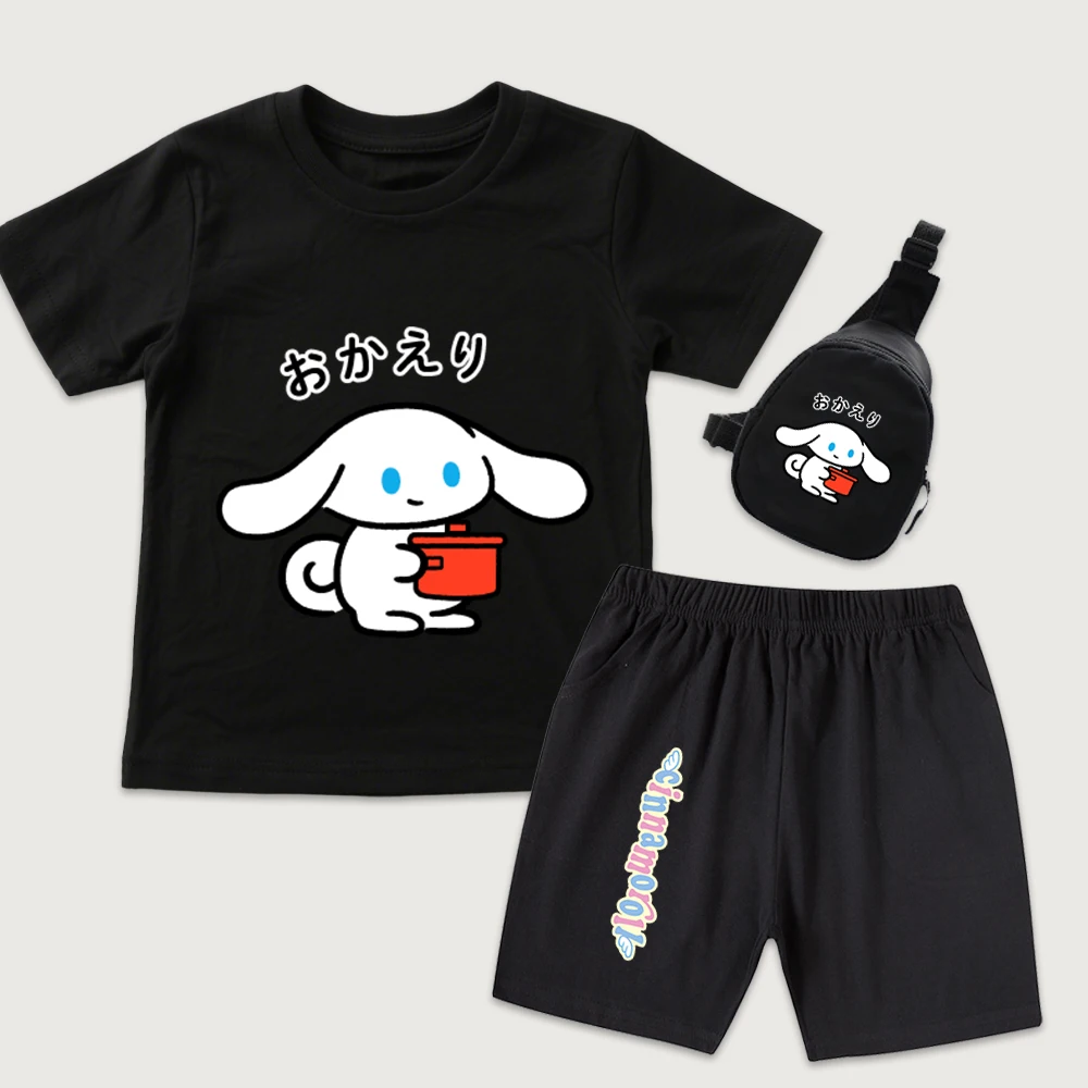 

Детская хлопковая футболка с принтом Cinnamoroll Welcome Home, шорты, мини-сумка на грудь, комплект из 3 предметов, повседневная одежда для мальчиков и девочек