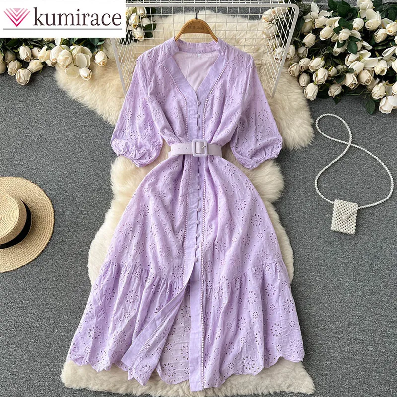 

V-neck Hollow Out Dress with Women's Bubble Sleeves, New Embroidered Waist Cinching and Slimming Lotus Leaf Edge Skirt Dress